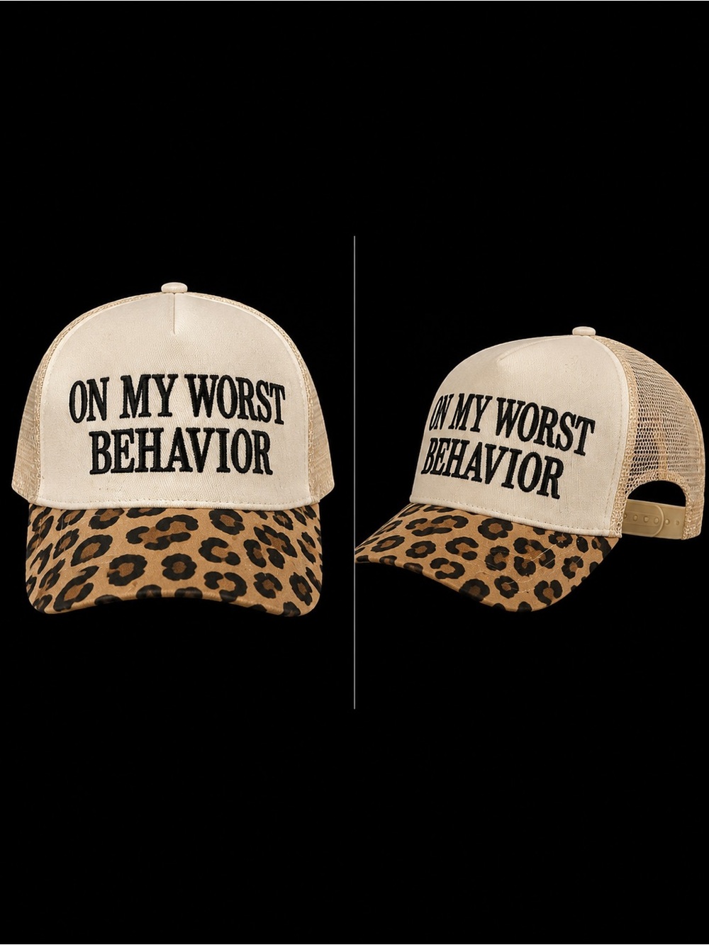 🆕 On My Worst Behavior Leopard Print Trucker Hat Cream Snapback - Picture 2 of 2